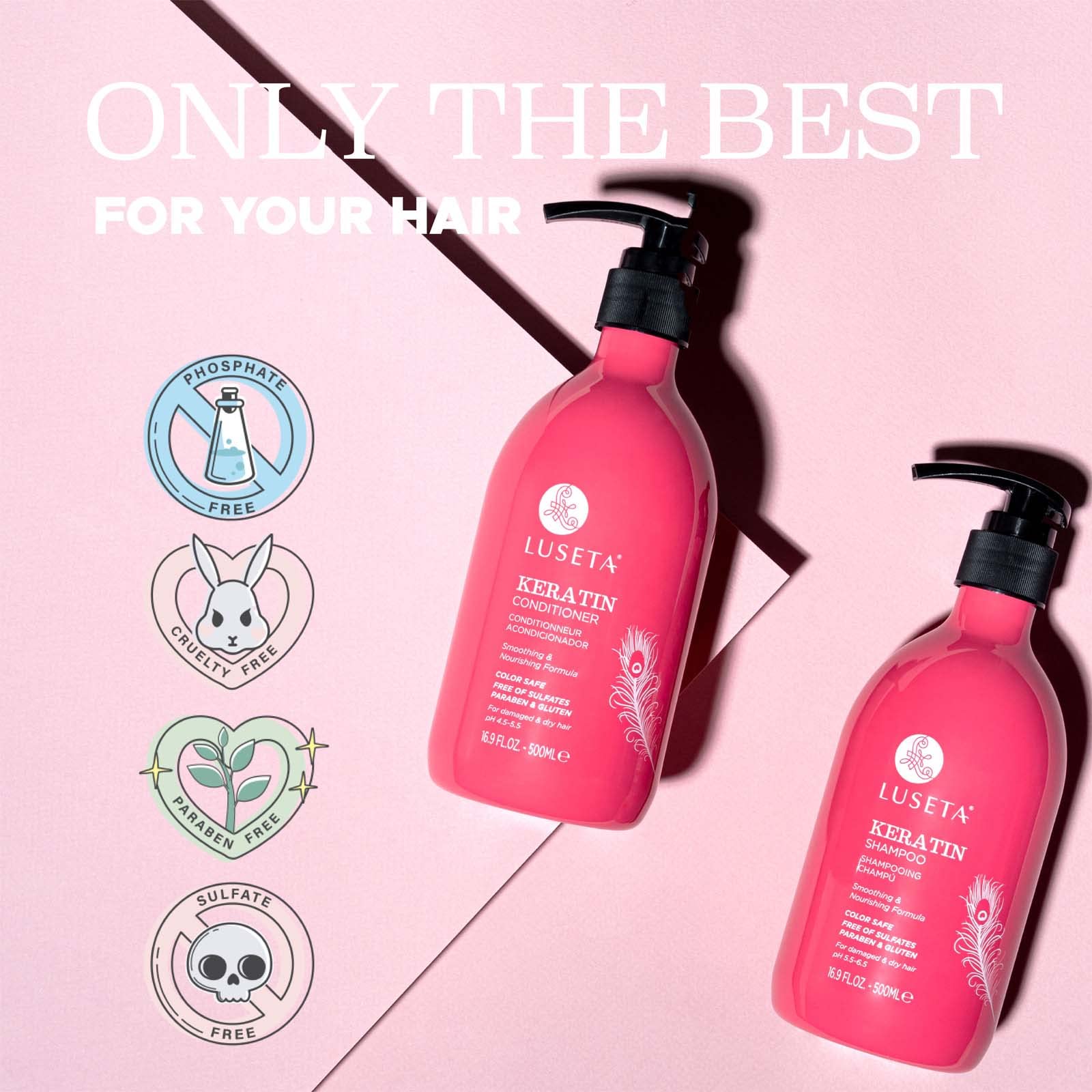 Luseta Keratin Smooth Shampoo & Conditioner Set, for Straight and Wavy Hair, 2 x 16.9 Oz